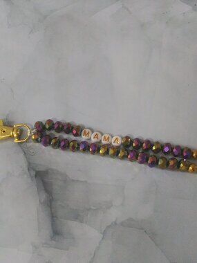 Handmade “MAMA” Iridescent Beaded Bag Charm Keychain | Gold Tone Purse Charm